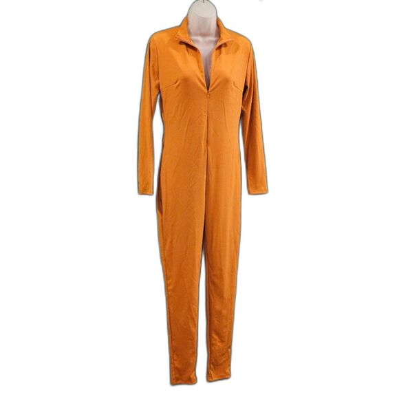 ECHOINE Sexy Orange Zip Up One Piece Deep V-Neck Bodycon Clubwear Jumpsuit Sz L - Picture 4 of 8